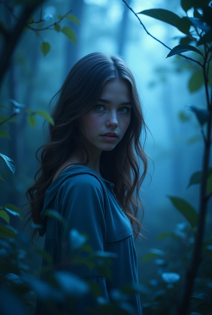 Create an image of a  girl in a blue forest. Her slightly dark brown skin shines subtly under the dim blue light of the environment that filters through the leaves.. Her brown hair, long and wavy, cascades over her shoulders to her waist, gently moving in the breeze. Her dark brown eyes reflect a sparkle of curiosity and courage..