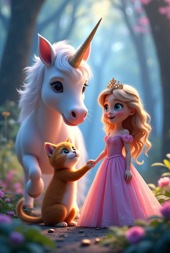 Animated cat with a unicorn and a princess