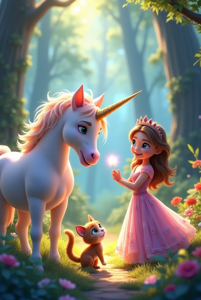 Animated cat with a unicorn and a princess
