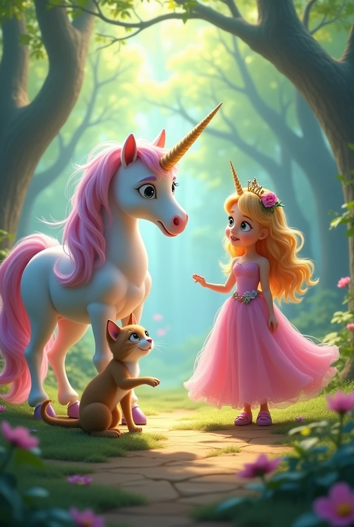 Animated cat with a unicorn and a princess