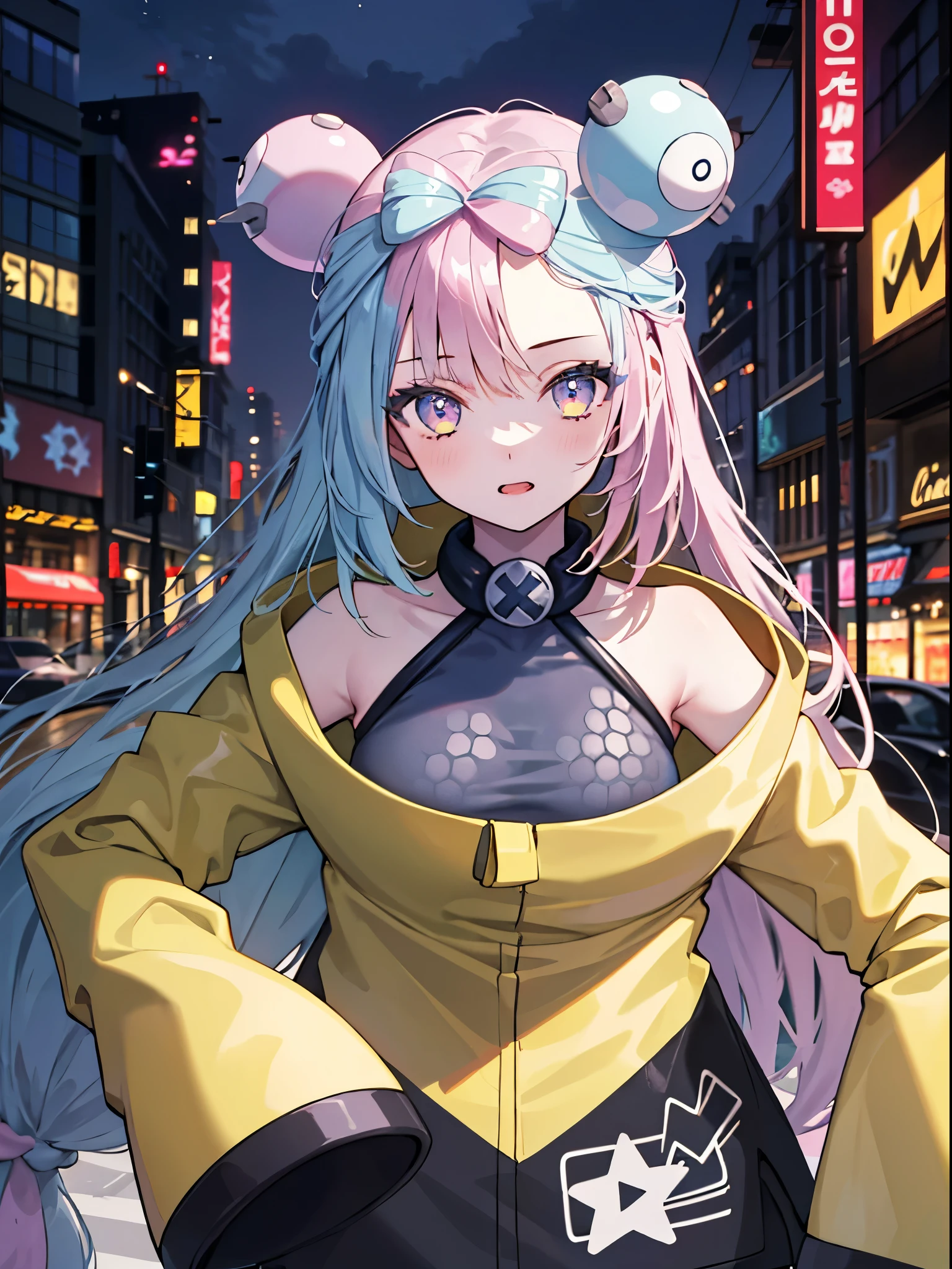 masterpiece, Highest quality, Perfect Face, Highest Resolution, Highest quality,Detailed depiction of the eyes, 8k, One Girl, Long Hair, Yellow Jacket, Long sleeve, hair ornaments, Future City, neon street