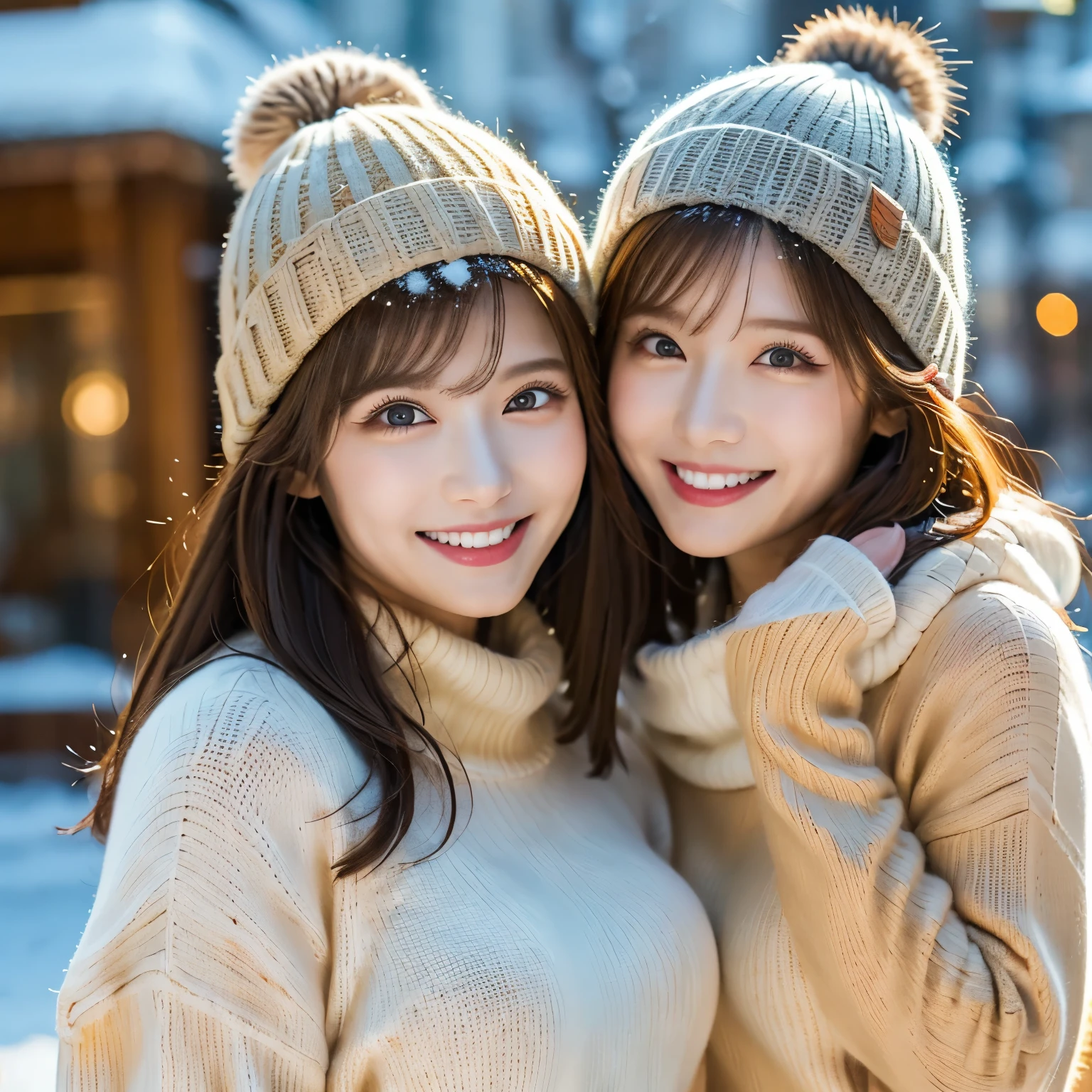 ((Highest quality)), ((masterpiece)), (detailed), ((Highest quality))、8k、High resolution、 Japanese、2、female、cute cat hat、smile、At the theme park、Warm outerwear、The season is winter.、Snow Scene、Mitten gloves、