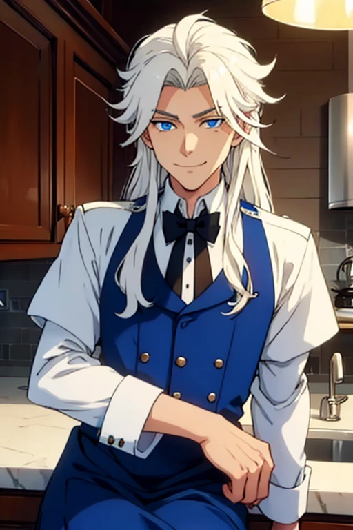 Perfect face. Perfect hands. A young white haired man with blue eyes and long hair in a butler's uniform is smiling while sitting on a counter in a fancy kitchen