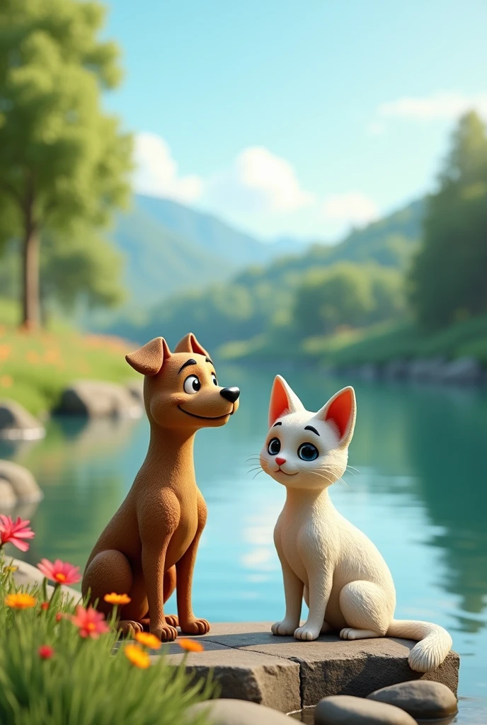 Dog and cat statues by the river