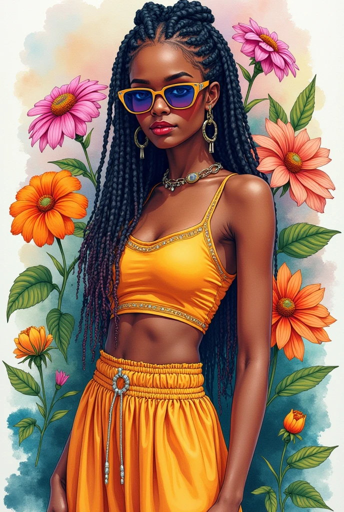 Full body, water colors, ink drawing, beautiful cyberpunk Ethiopian woman, wearing smart digital sunglasses, clean defined delicate features, stylish bohemian top and long skirt, completely cover breast area , colorful floral background, in the style of Albaso braids