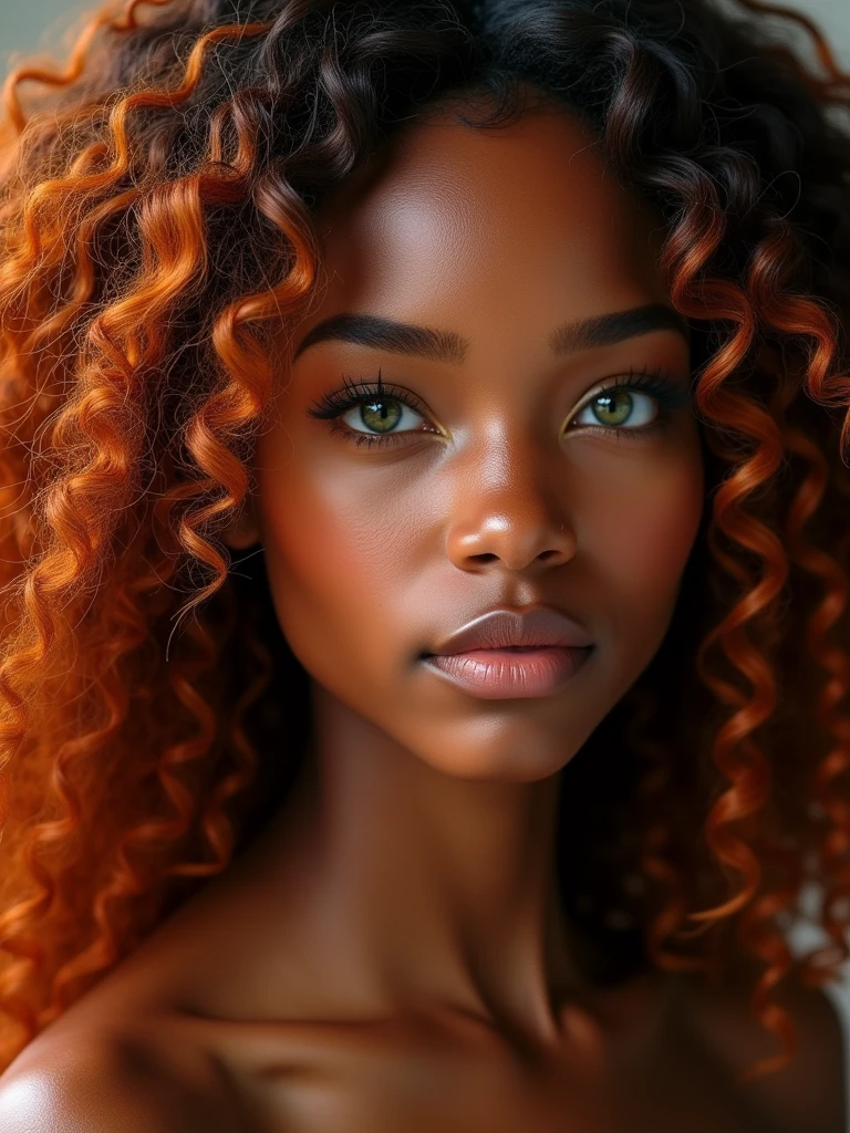 /A stunning photorealistic of a young black woman with a delicate, oval-shaped face, featuring soft contours that highlight her facial features. She has vibrant green eyes with an intense and captivating gaze. Her hair is long, voluminous, and consists of well-defined curls. The hair color is a rich coppery rad that beautifully complements her warm, glowing brown skin tone.