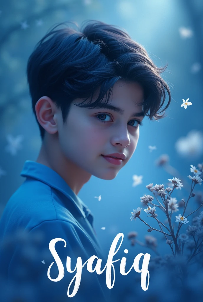 a word :SYAFIQ . The word colour is blue. Background is love story. A handsome boy in left the word.