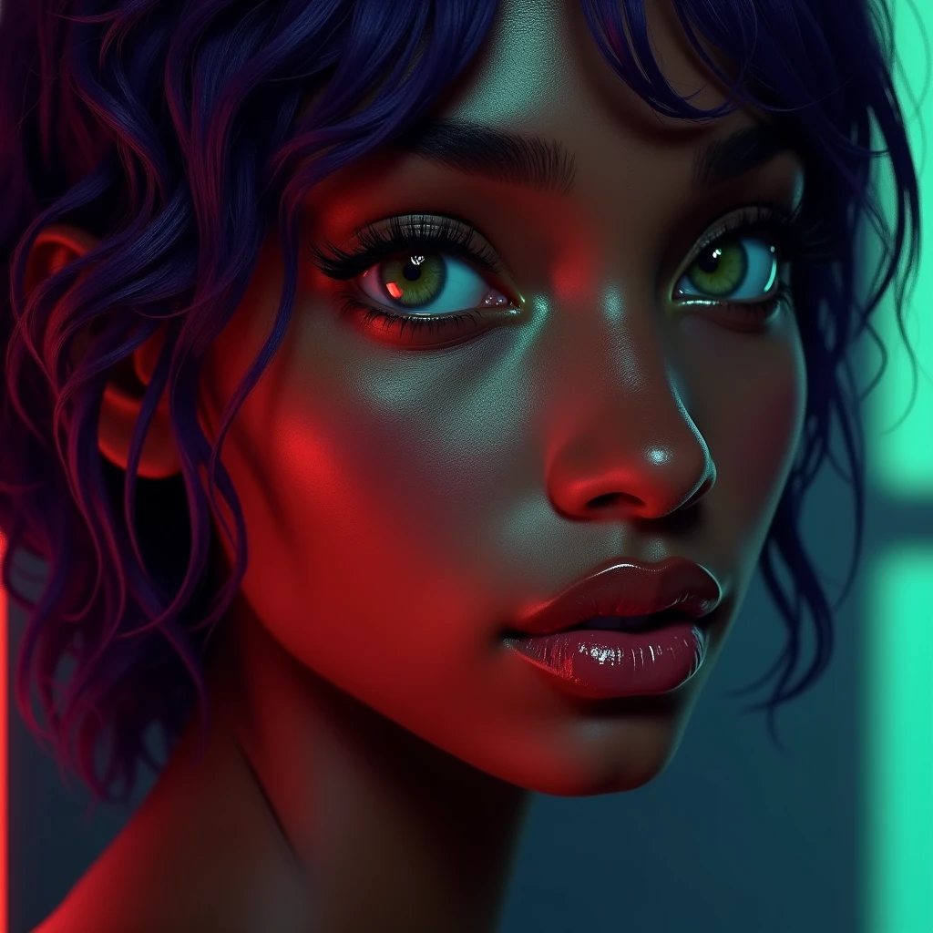 (masterpiece, Highest quality, High resolution), beautiful dark-skinned older female, purple hair, green eyes, green irises, red pupils, three-tone lighting on face, three-tone lighitng on lips, crimson lighting contours the side of her face at the left, cyan lighting from below hits her face, yellow lighting reaches her from the the right of the image, detailed face, detailed lips, lipstick, realistic, raw photo, photorealistic