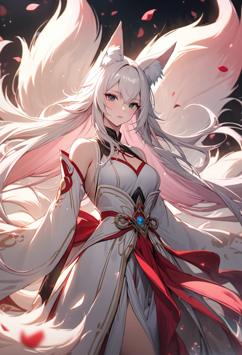 female, nine-tailed female, female fox, nine-tailed fox, fox ears, white hair, pink hair, long hair, black eyes, pretty, beautiful, beautiful color, mature, dress, flying petals, super detail, beautiful color,peerless beauty