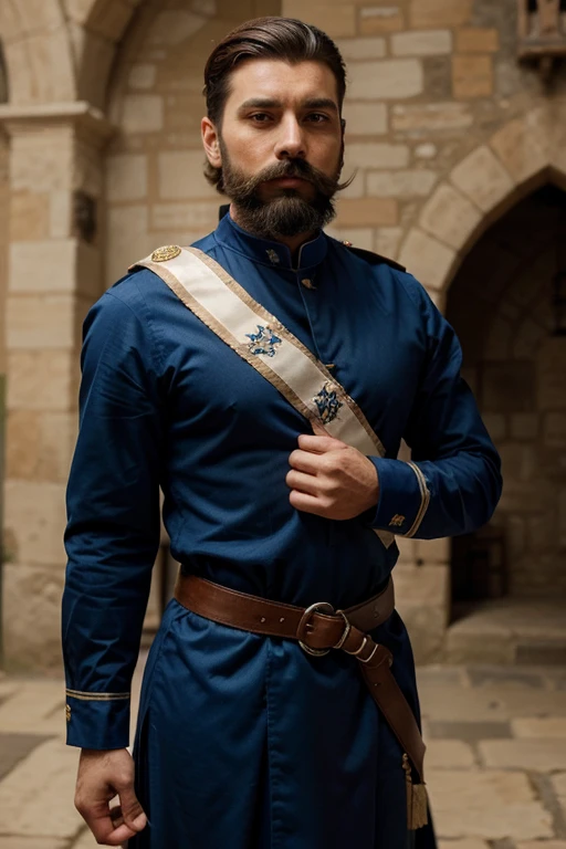 a bearded man with a medieval haircut, with a blue uniform and a sash, with a French mustache, inspired by Germán Londono, with a confident look, in knight&#39;s attire, riding his brown horse.