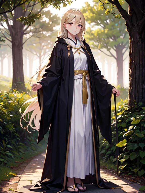 1 girl, gold-platinum skin, cream-colored hair, dark eyes, a long robe, forest, detailed eyes, detailed face, realistic light, full body detailed