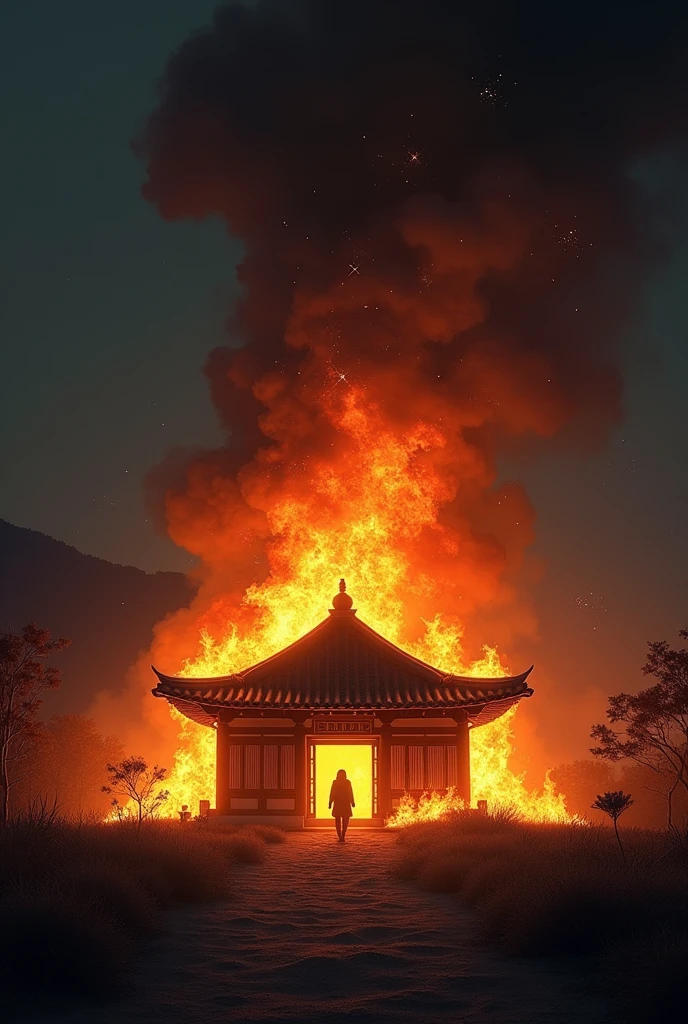 Korean house on fire at night