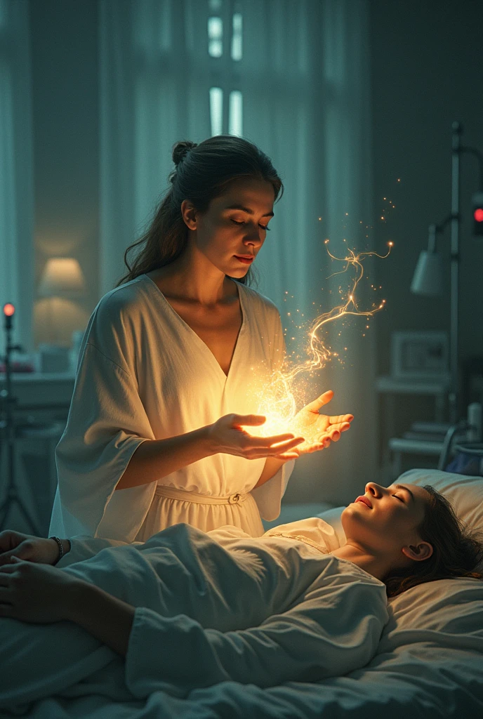 Design an image depicting a person using their healing power to aid others. Show elements like medical tools, glowing hands, or magical effects that symbolize healing. Focus on the act of helping and restoring health."