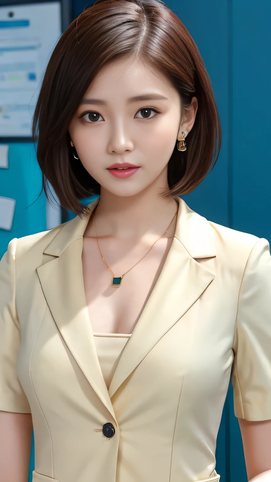 High resolution, Very detailed, Intricate details, 、ear piercing、Expressionless、short hair、Black Hair、Please open your mouth a little、Clear beauty,(High quality fabric, Office Lady Suits 、Necklace around the neck、, The background is the office

