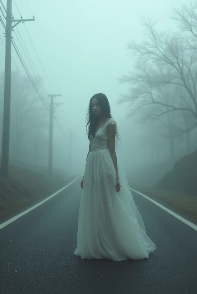 female figure, dressed in white, standing next to a deserted road, with a lot of fog and poor visibility