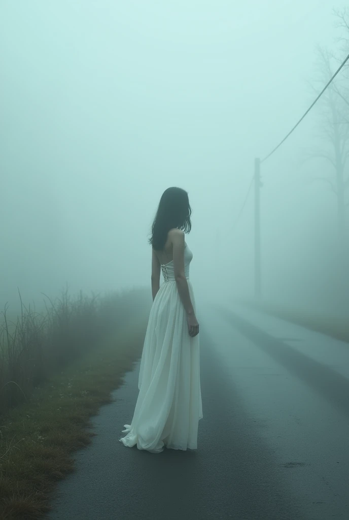 female figure, dressed in white, standing next to a deserted road, with a lot of fog and poor visibility