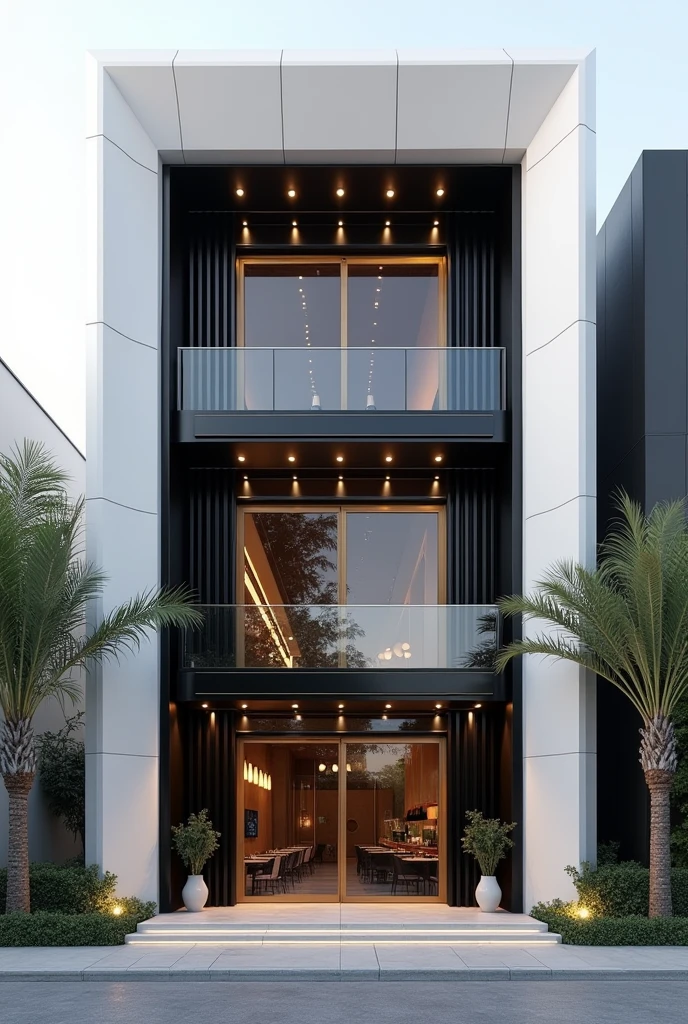 
double skin facade architecture design in iran , facade of restaurant  , 7.5 meter width, 22 meter height, front view, one sided  , high quality rendering architecture,, in iran , cinematic , luxury architecture facade view , white and black material