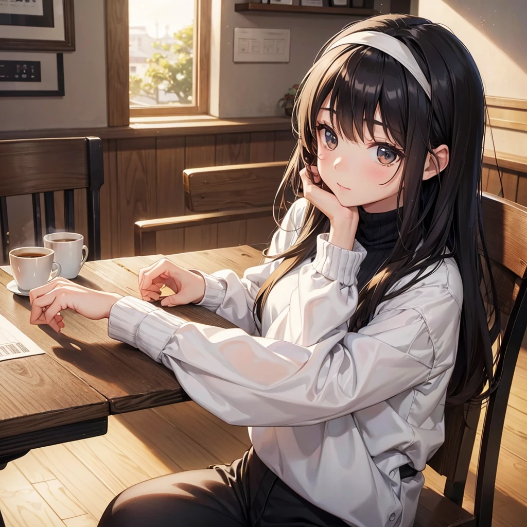 Sitting at a cozy cafe table in the morning sun、Illustration of a young and beautiful German woman facing forward(Portrait)Please make it in anime style.。Waist-length wavy black hair、She is wearing a simple white headband。White high neck(turtleneck)On a full sleeve of、Wear black high waisted pants。The morning sunlight gently illuminates the cafe.、Creating a warm and comfortable atmosphere around her。"