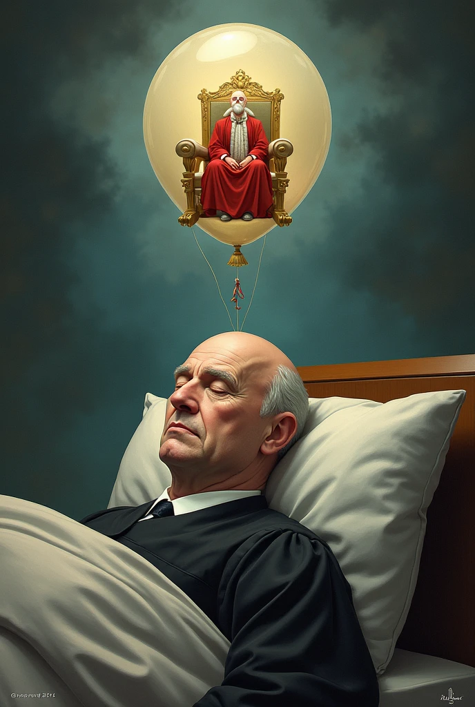 juiz do supremo tribunal federal careca com uma cabeça de ovo dormindo e sonhando com um balão 💬 saindo de sua cabeça indicando a imagem do sonho, The dream image is him being a queen sitting on his throne, This balloon queen is also bald like him and is holding a pet on a leash., a squid that has a beard