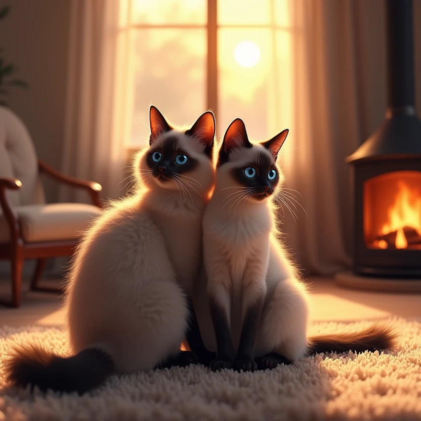 A serene image of two domestic felines sitting side by side. Their fur is a blend of subtle hues, enhancing their warm, fuzzy appearance. Positioned in a cozy room with typical elements such as a soft carpet underfoot, a gently simmering fireplace in the background, and a tall floor-to-ceiling window that lets in streaks of sunset hues. One cat is a Maine Coon with its distinguished ear tufts and plush tail, and the other is a Siamese with brilliant blue eyes and distinct color points. The way they sit, shoulder to shoulder, signifies their strong bond.