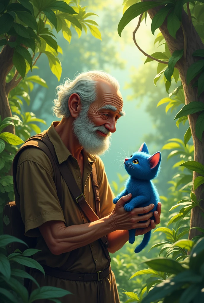 An poor old man with small France beard in brown clothes live in a jungle one day he found a little cute blue kitten in the jungle he took it in his hand and happy ai image they eat together