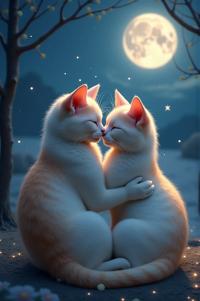 Under the moon's gaze, their love shines the brightest. 🌙❤️ #CatLove #NightTimeCuddles.