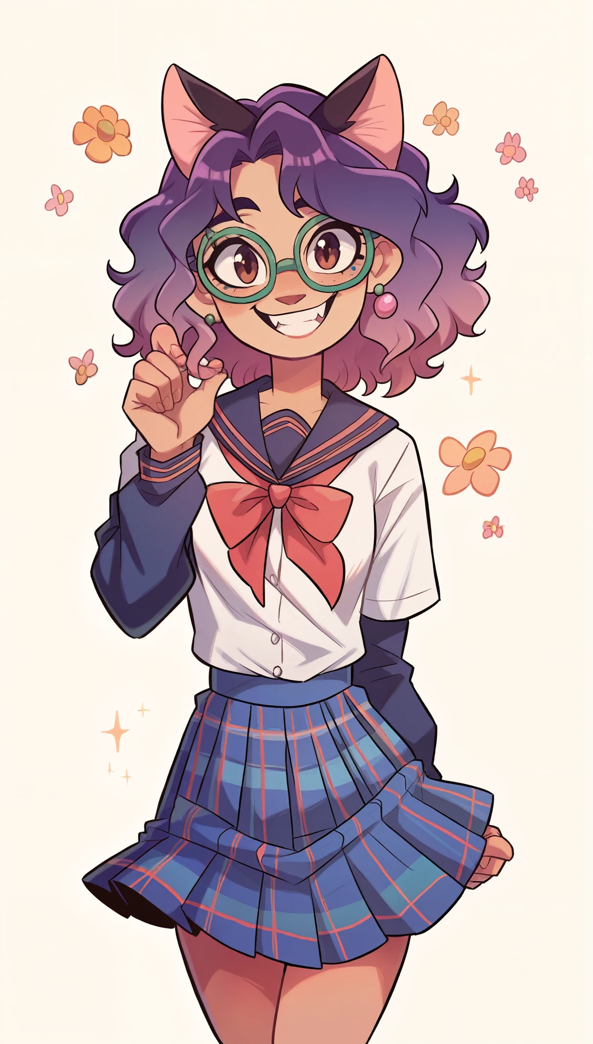 (masterpiece, best quality, high resolution:1.4), 1girl, mirabel madrigal, cat ears, (school uniform:1.2) glasses, smile, looking at viewer,