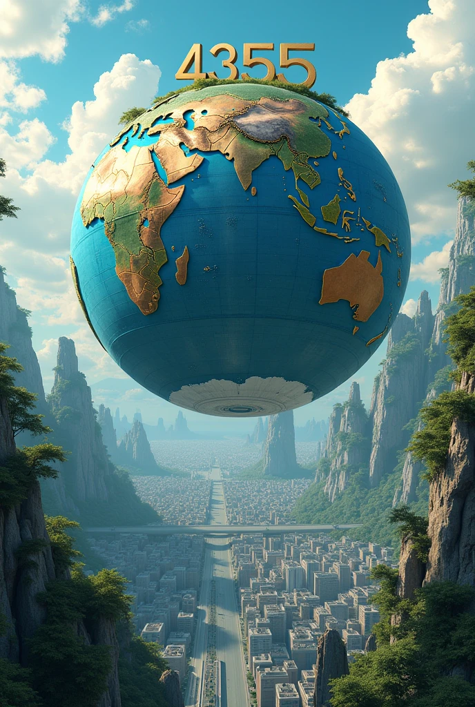 Number 43555 above the large globe scattered with cities in the urban jungle