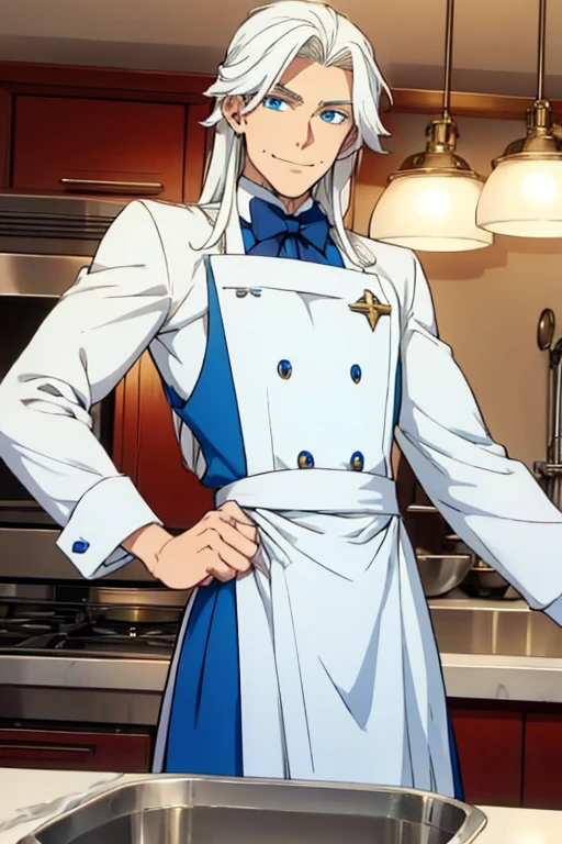 Perfect face. Perfect hands. A young white haired man with blue eyes and long hair in a butler's uniform is smiling while making ice cream in a fancy kitchen