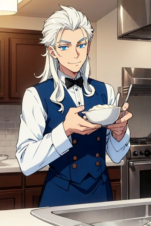 Perfect face. Perfect hands. A young white haired man with blue eyes and long hair in a butler's uniform is smiling while making ice cream in a fancy kitchen