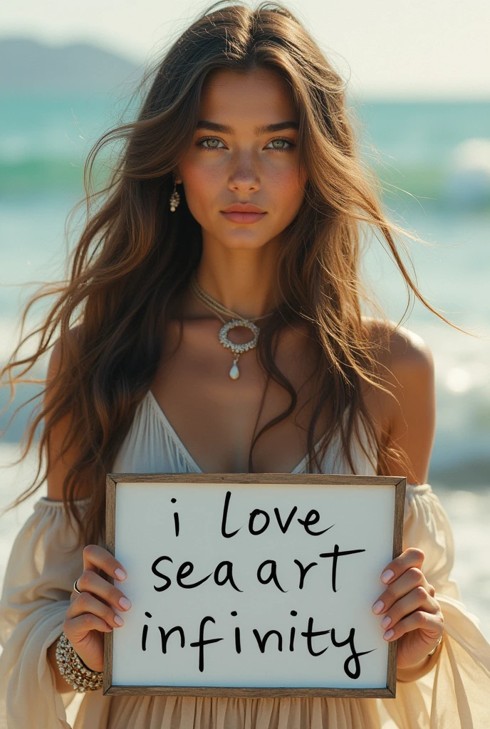 Beautiful girl with wavy long hair, bohemian dress, holding a white board with text "I Love Seaart Infinity" and showing it to the viewer