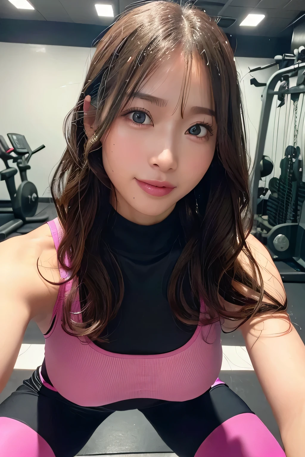 ((Worm’s Eye View)), ((acrobatic pose)), beautiful woman, laughing, (highest quality, 8k, Award-winning work, ultra high resolution), gym, (hot-pink tight training wear), full body, beautiful detailed eyes, beautiful detailed lips, extremely detailed face, (best quality , masterpiece, ultra high res), (photo realistic:1.3), Beautiful Women with Perfect Figure:1.3, Slender Abs:1.2, huge breasts, (((Long Wavy Hair)), Highly Detailed Face and Skin Texture, wet, Training in a fitness gym,