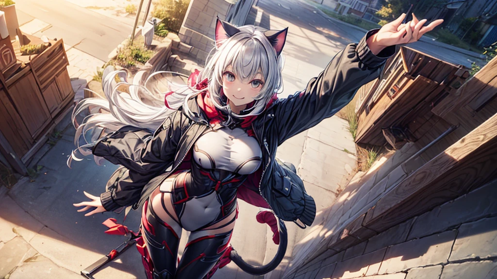 (((Best resolution, Textured skin, high quality, Precise CG unification, game CG))), (Solo biped cat:1.5), dynamic angle, smile, wearing a jacket, anime style,