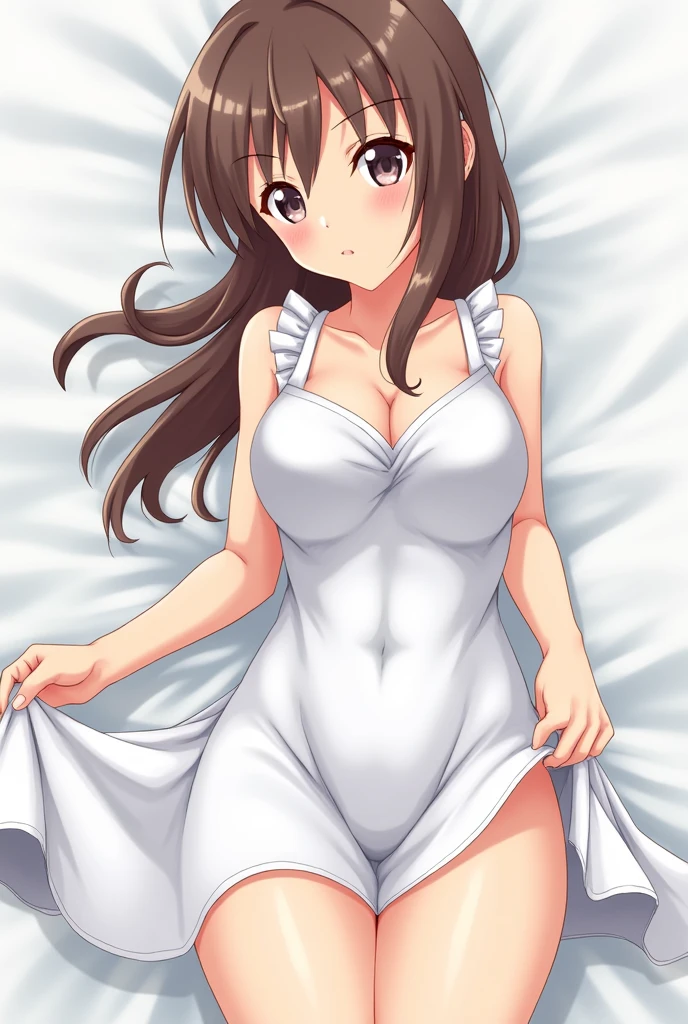 A Japanese female anime character is wearing a dress without any underwear on top of her naked body.