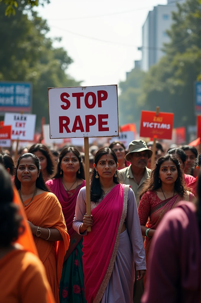 Make an image for a thumbnail on a video for awareness on Kolkata rape case and rapes in India Stop rape campaign protests and movements