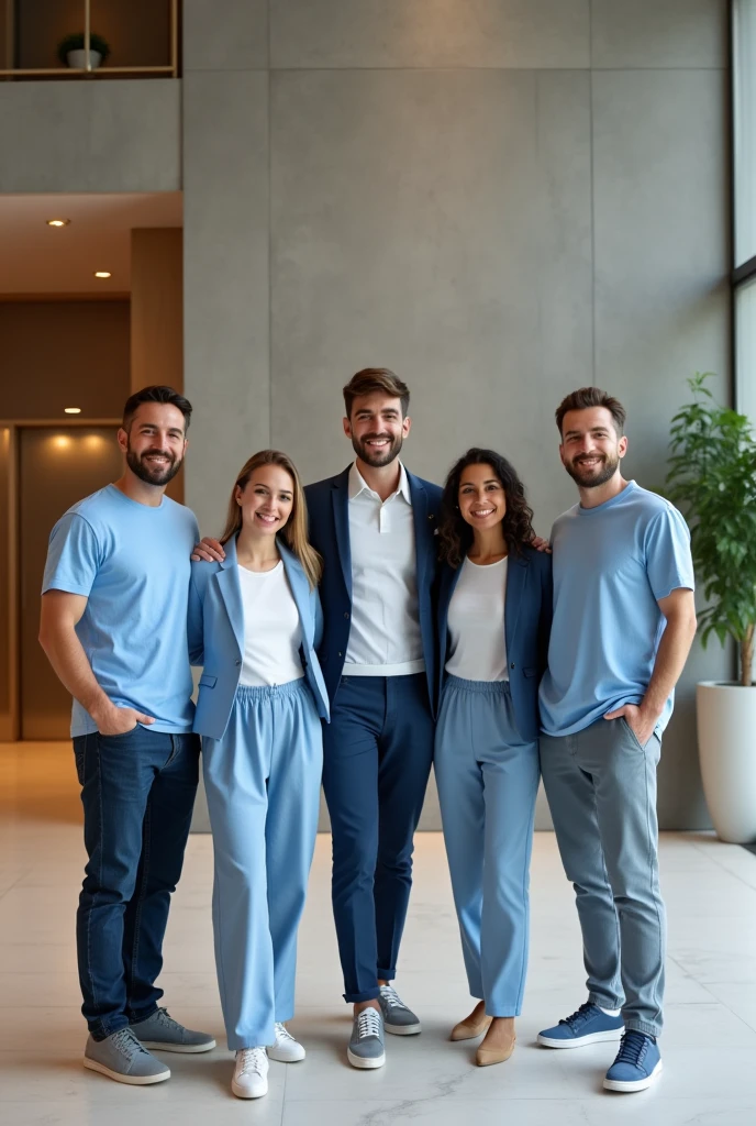 In the foreground is the management company team (no more than 6 people) - young people,white men and women - in modern light blue clothes (t-shirts, pants, jackets), smile at the camera. friendly and comfortable atmosphere. behind them is the lobby of the business class house logos, Modern, lots of concrete in the interior