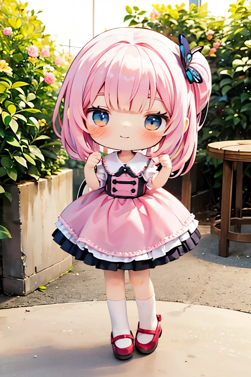 Photorealistic、Chibi Girl Doll(Embarrassed blushing smile、Morpho butterfly-inspired clothing that glows softly in the dark、Cute Shoes、Cute Hairpins、rotate、Dance with grace)