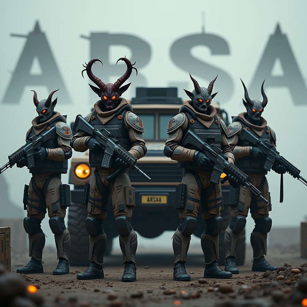 There are 4 different soldiers and all 4 soldiers look different from each other and are like half demons standing in a battlefield holding different advance guns. Between the 4 soldiers there is a car loaded with ammunition and medkit and the number plate has "ARSA" written on it. In the background of image "ARSA" is written in demonic font and cold colours. There are death crates around the soldiers. They all hold different types of guns