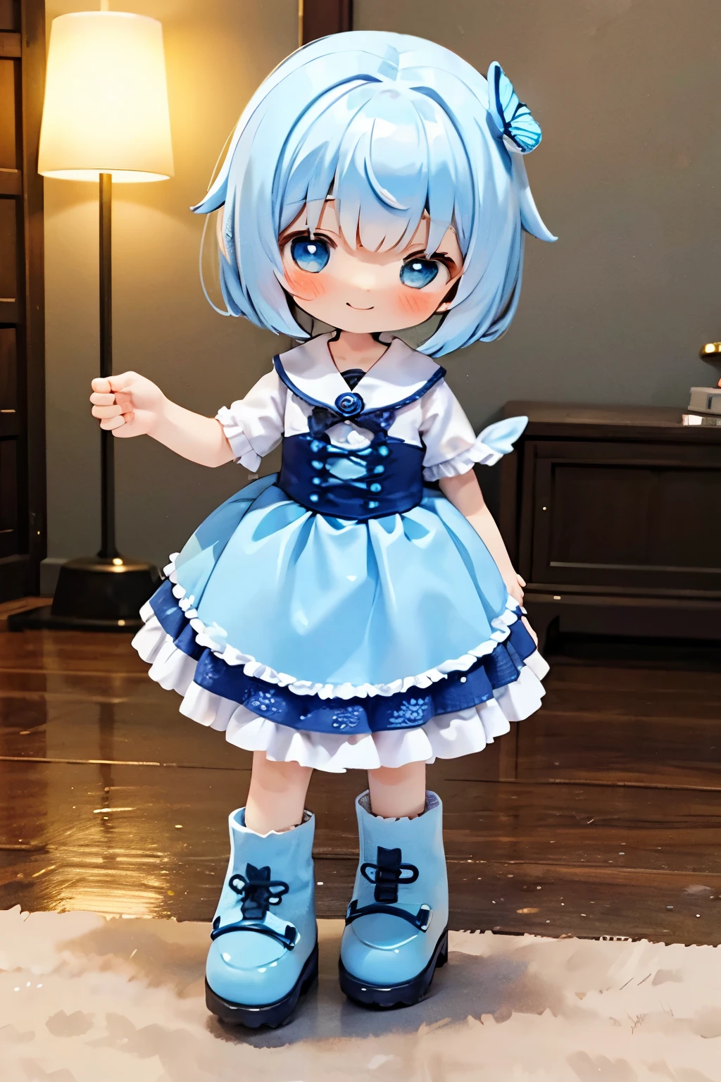 Photorealistic、Chibi Girl Doll(Embarrassed blushing smile、Morpho butterfly-inspired clothing that glows softly in the dark、Cute Shoes、Cute Hairpins、rotate、Dance with grace)