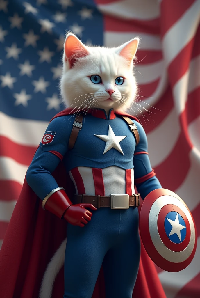 "Captain Pawmerica" - A noble-looking white cat with blue eyes wearing a blue suit with white star emblems, similar to Captain America. The cat is holding a small, round shield with a red, white, and blue pattern, and standing proudly in front of an American flag