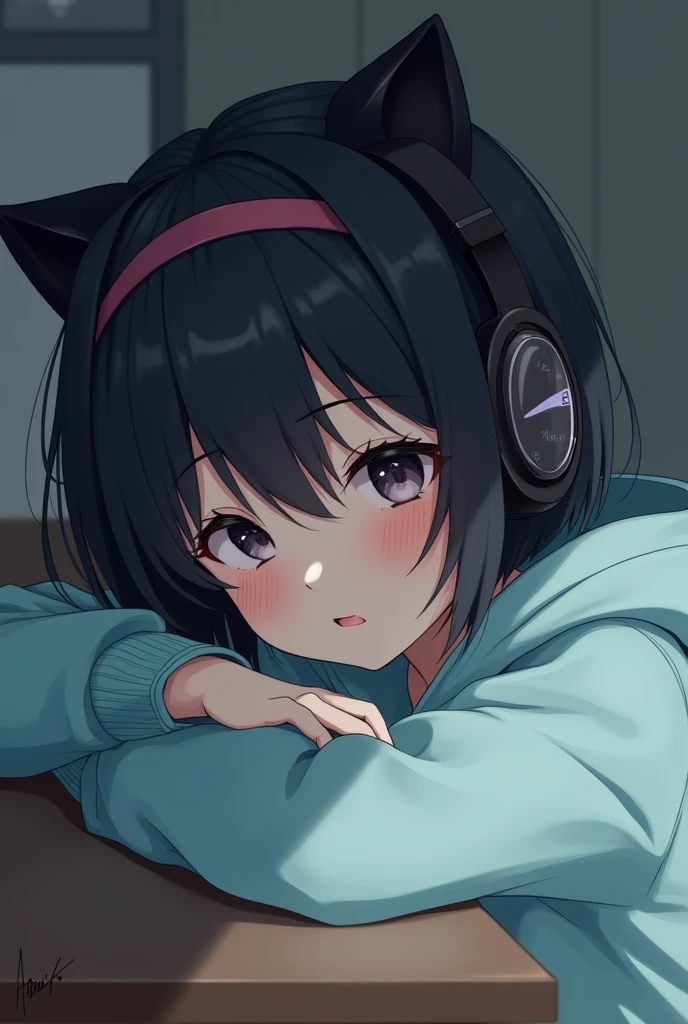 A girl drawn in an anime-style illustration、He is lying down leaning against the desk with a tired expression on his face.。She wears a shiny black cat ear headband.、From the big black headphones on his ears、There is a quiet atmosphere with music playing.。Her hair is shiny black.、Short bob cut style。The bangs are slightly covering the eyes.、Her disheveled appearance highlights her vulnerability.。Her eyes are half-open、His blank stare suggests fatigue and a hint of indifference.。The girl was wearing a pale blue hoodie.、The hood falls loosely on the shoulders、The overall atmosphere is relaxed.。