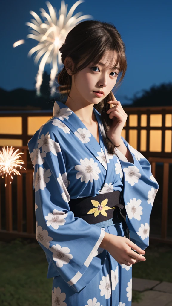 yukata.One girl, solo, High resolution, Brown Hair, Tying up hair, firework,night,Gaze,