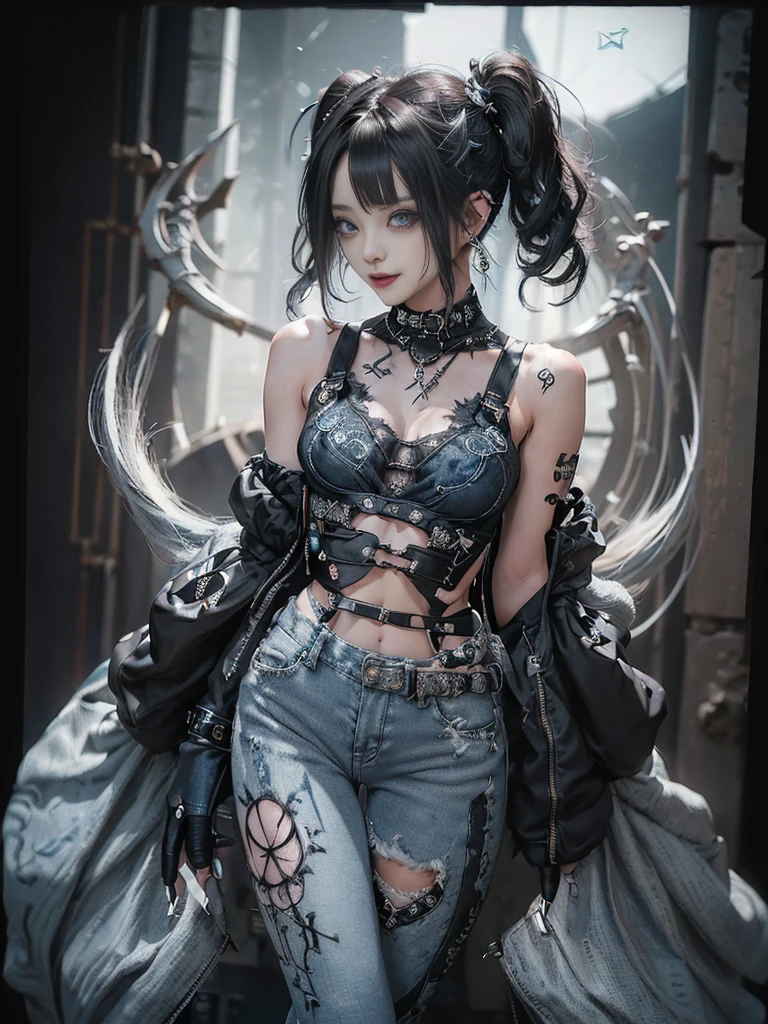 (Full body image:1.2)、(Side view:1.1)、(Smiling with teeth showing:1.3),(Shibuya Gal:1.5)、(Gothic Fashion:1.5)、(Punk Rock Visual Kei:1.5)、(Wearing a rhythmic gymnastics bodysuit with intricate details:1.4)、(Elaborately decorated white racing suit and pants, Denim and Charcoal:1.5)、(Denim and light blue and white boots:1.3)、((belt))、(There are many subtle logos on the whole outfit.々:1.4)、(collar:1.3)、(Underwear decorated with silver jewelry:1.5)、20-year-old、Browsing Caution、((Highest quality、In 8K、masterpiece:1.3))、Sharp focus:1.2、(Layered Cut、Huge boobs:1.1),Beautiful woman with perfect figure:1.4、(She poses as a glamour model..:1.3)、Slim Abs:1.2、Highly detailed face and skin texture、Detailed eyes、double eyelid,(Twin tails:1.3)、(Black brown hair:1.3)、idol carving、(The background is the stage for a fashion show:1.3)、(the body is slim:1.3),(Slimming your legs:1.4),(clavicle:1.1)、(Thin and slim thighs:1.3)