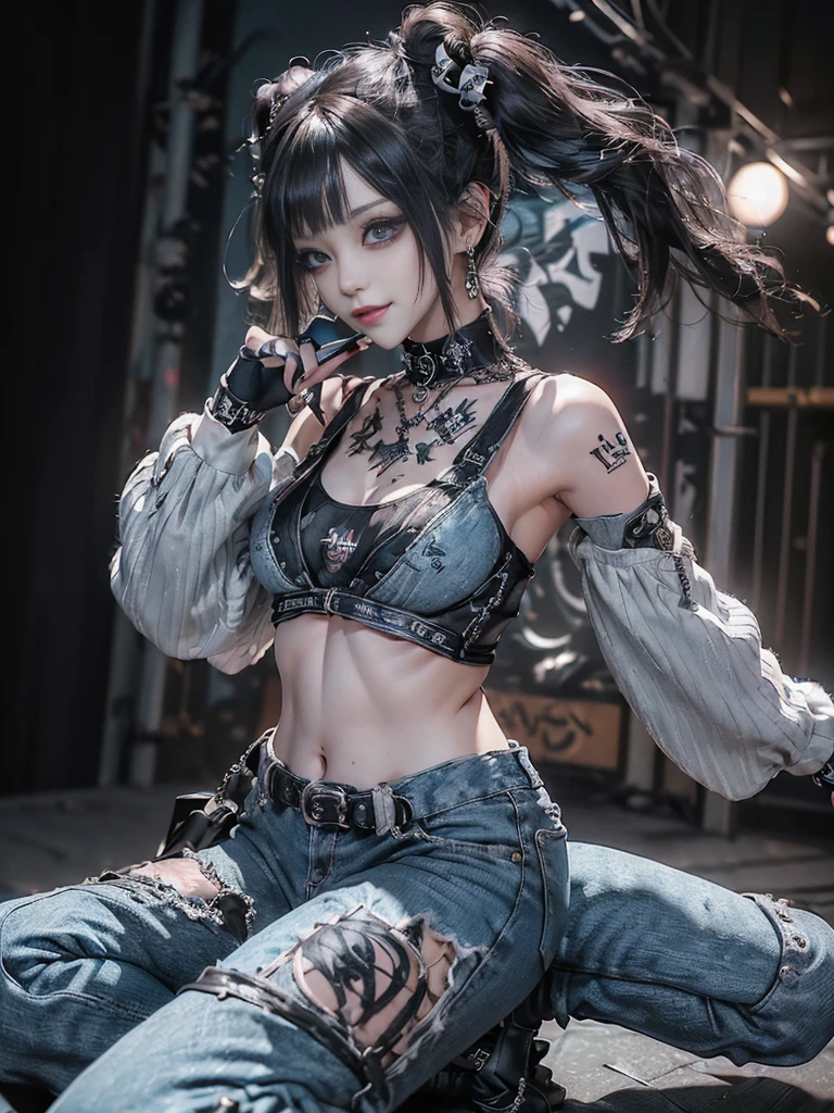 (Full body image:1.2)、(Side view:1.1)、(Smiling with teeth showing:1.3),(Shibuya Gal:1.5)、(Gothic Fashion:1.5)、(Punk Rock Visual Kei:1.5)、(Wearing a rhythmic gymnastics bodysuit with intricate details:1.4)、(Elaborately decorated white racing suit and pants, Denim and Charcoal:1.5)、(Denim and light blue and white boots:1.3)、((belt))、(There are many subtle logos on the whole outfit.々:1.4)、(collar:1.3)、(Underwear decorated with silver jewelry:1.5)、20-year-old、Browsing Caution、((Highest quality、In 8K、masterpiece:1.3))、Sharp focus:1.2、(Layered Cut、Huge boobs:1.1),Beautiful woman with perfect figure:1.4、(She poses as a glamour model..:1.3)、Slim Abs:1.2、Highly detailed face and skin texture、Detailed eyes、double eyelid,(Twin tails:1.3)、(Black brown hair:1.3)、idol carving、(The background is the stage for a fashion show:1.3)、(the body is slim:1.3),(Slimming your legs:1.4),（clavicle:1.1）、(Thin and slim thighs:1.3)
