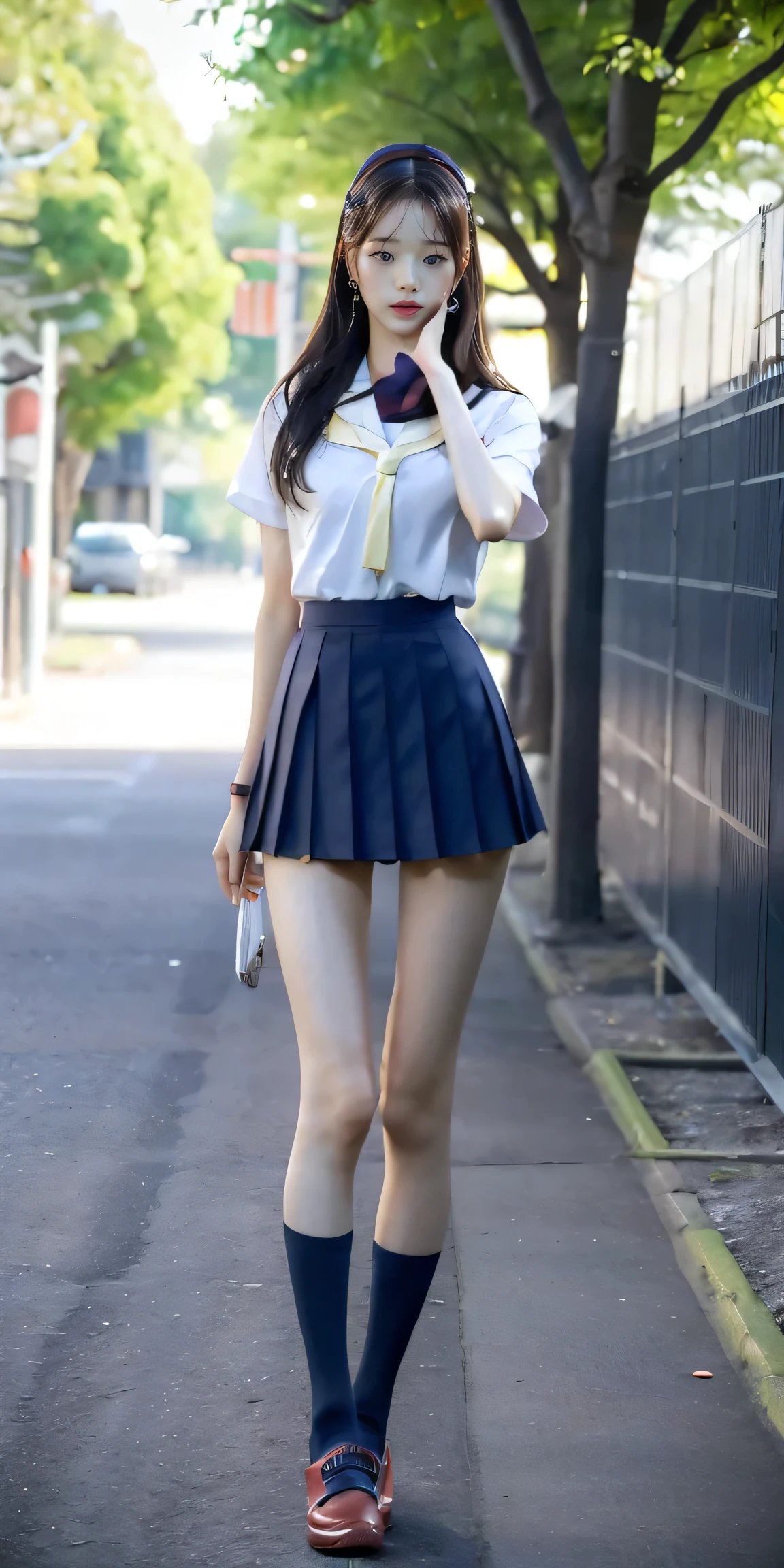 absurdes, RAW Photos, Very delicate and beautiful, masterpiece, Highest quality, Ultra-high resolution, 16K, hyperRealistic, Realistic, (((((whole bodyショット:1.8))))),((Japanese high school girls in school uniforms:1.7)),((The background is a very stylish modern city:1.2)), ((It is a beautiful sidewalk that is ultra-modern and clean.:1.2)),(((whole bodyショット:1.8))),((Checkered high school uniform short mini skirt:1.5)),((High school uniform summer short-sleeved white shirt:1.5)), ((Wear a red bow tie:1.6)),(((((Wear navy blue, very short ankle socks:1.8))))),((Wear black loafers:1.6)),(((Clothing that exposes a lot of bare skin:1.7))),((Bare skin on feet:1.8)), ((Stand Upright:1.6)),((((Stand with your feet together:1.7)))),(Stand up straight:1.6),(Turn the whole body towards me),((((She looks just like Wonyoung from the Korean idol group IVE..:1.9)))),((Bare skin on thighs:1.8)),((Bare skin on lower legs:1.8)),((((whole body :1.8)))),photoRealistic, photo-Realistic, Very detailed, Perfect Anatomy, Very detailed肌, Perfect figure, Very detailed CG 8k wallpaper, Erect nipples, perfect nipples, Perfect breasts, Perfect hands, Perfect Fingers, Fair skin, Medium chest, blush, the wind is strong,Long legs,Thin legs, sexy legs,Sunny daytime,9 heads and body beauty, Fluffy hair, bangs,Green roadside trees can be seen in the background., (2 people :1.5), Small Ass,long and thin arms,Long legs, Mid-chest, Beautiful Hair,Hands down,Tight waist, friend, smile,cute,Beautiful girl Happy,Medium chest, Laughter,Black Hair, Tight waist,((Height 173cm:1.3)),Slim model body shape,(slim and muscular athletic build:1.3),(slim but muscular legs),(Thin thighs),(Long thighs),1 person,Long legs,cute,beautiful girl,((((Anatomically correct:1.4))))