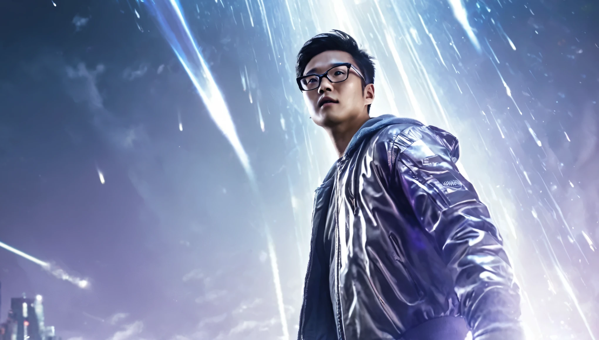 Realistic cinematic scene image of Asian man in silver Scifi jacket, wearing glasses, with some other people in the distance in a cool flying pose flying and looking up at the sky, a blue light beam from the sky in a dazzling streak of light from above to his face, cyberpunk city scene at night, LED billboards shining blue and purple light, hazy smoke, technological light rays surrounding the distance below