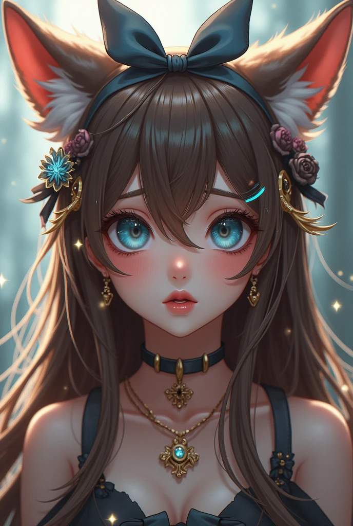 animal ears, Brown hair, blue eyes, hair ornaments, hairbow, violet eyes, jewellery, very long hair, ear rings, open mouth, fog, pointy ears, hair flower, fox ears, Sparkle effect, Background blur, headphones, 1 girl, textured skin, best quality, Details, Dutt, Highlights, smile, Shy, Surprised, forehead, Slight blush on the cheeks, 