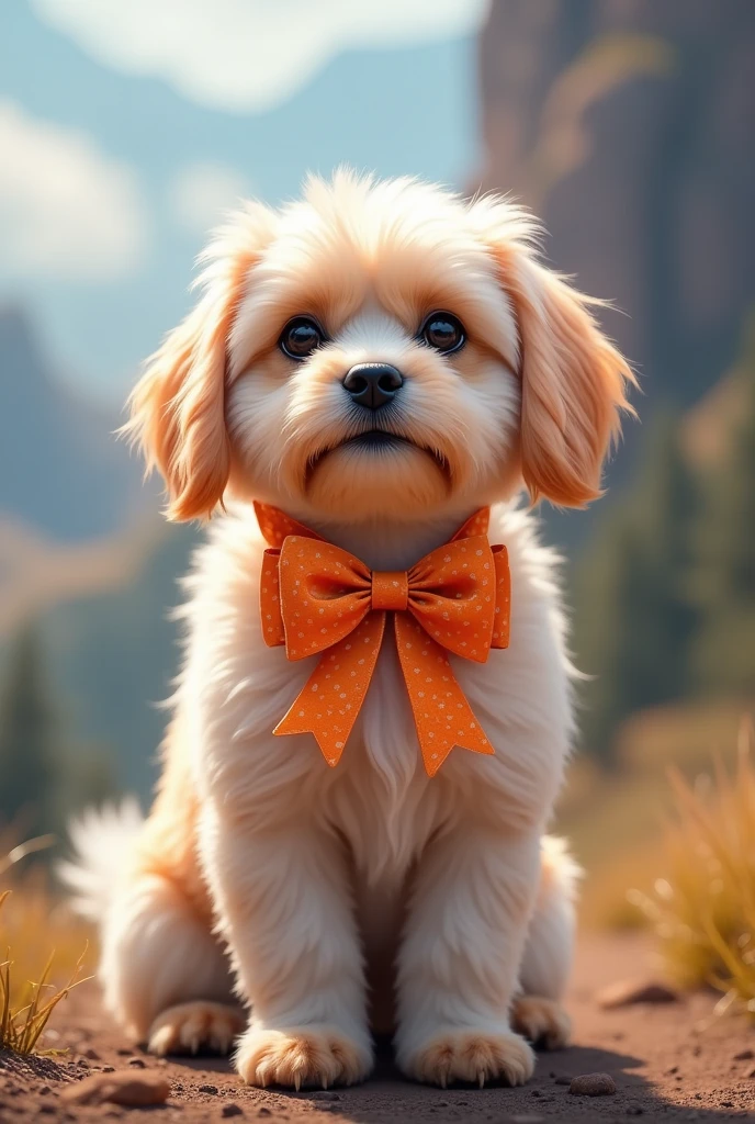 A very beautiful and super cute dog with a big beautiful bow around his neck. He is wonderful and attractive, with an appearance that immediately captivates. No fundo, an incredible landscape, but slightly blurred to further highlight the dog.