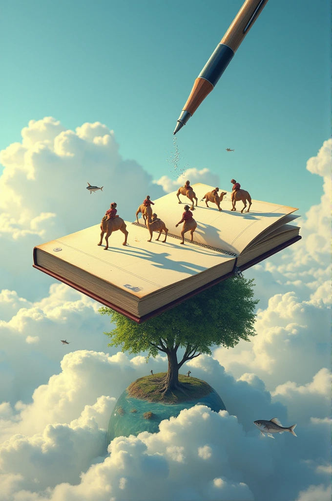 A notebook with a pen in the sky. In the notebook there is a picture of a football game where the players are camels. At the bottom of the image, out of the notebook, there is a river that flows from a tree that produces fish.