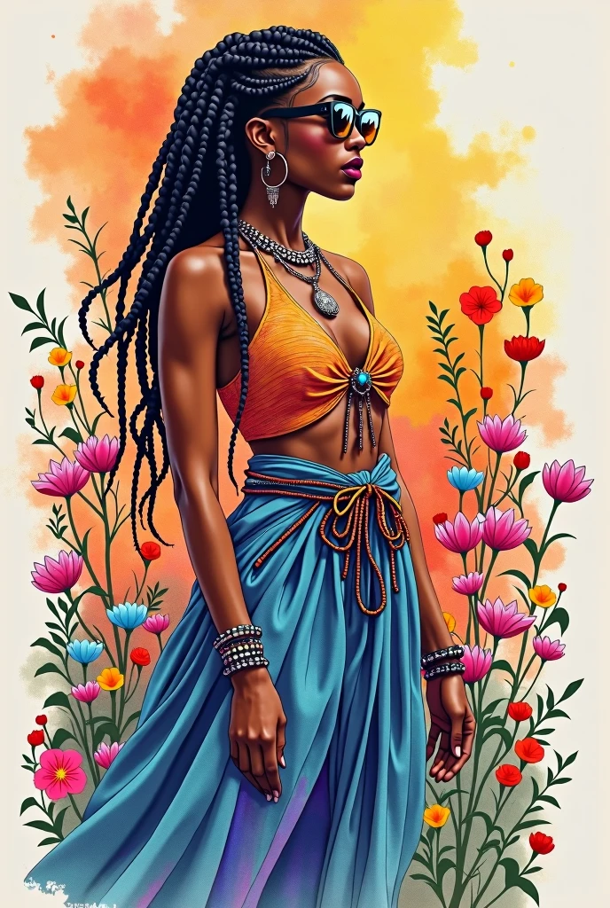 Full body, water colors, ink drawing, beautiful cyberpunk Ethiopian woman, wearing smart digital sunglasses, clean defined delicate features, stylish bohemian top and long skirt, completely cover breast area , colorful floral background, in the style of Albaso braids
